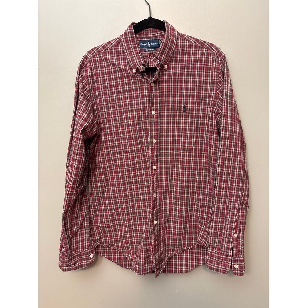 Ralph Lauren Men's Button Up Shirt, Classic Fit,Red/Blue Check Navy Pony SZ M